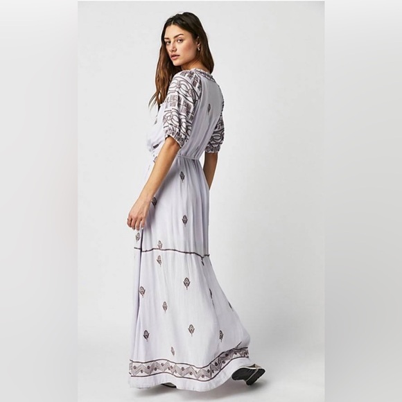 NEW FREE PEOPLE Riley Embroidered Maxi Dress Lavender‎ Purple Boho Peasant XS-M - Picture 4 of 16